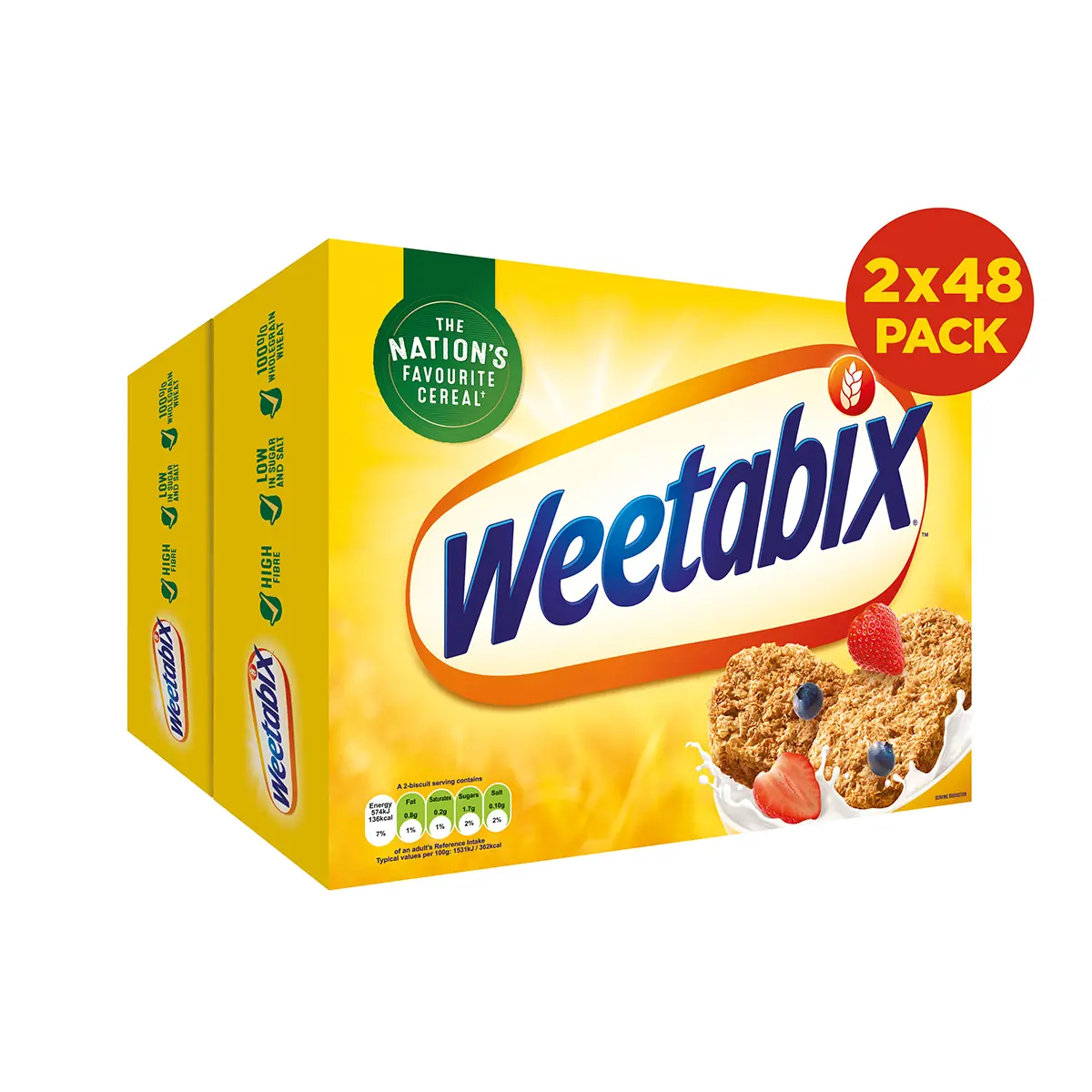 Weetabix 48 pack. (1 or 2x48pack). 100% British Wholegrain Wheat, High in Fibre, Low in Sugar & Salt, Suitable for Vegetarians, Suitable for Vegans