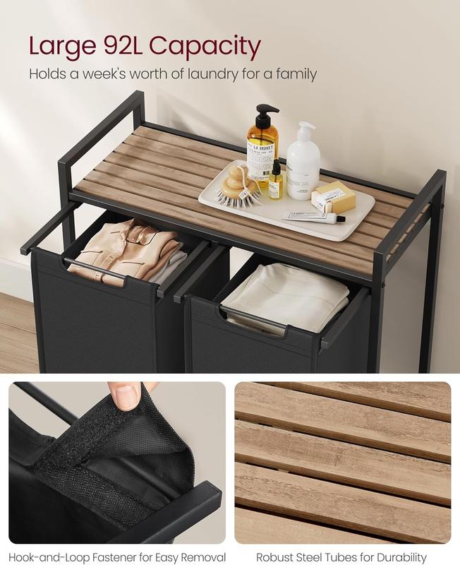 SONGMICS HOME Laundry Basket with Storage Shelf, 2/3-Compartment Laundry Hamper, Pull-Out and Removable Laundry Bags, Laundry Sorter, Shelf, Metal Frame, 2 x 46L, 3 x 38L, Light Organiser Plastic Adjustable Steel 2