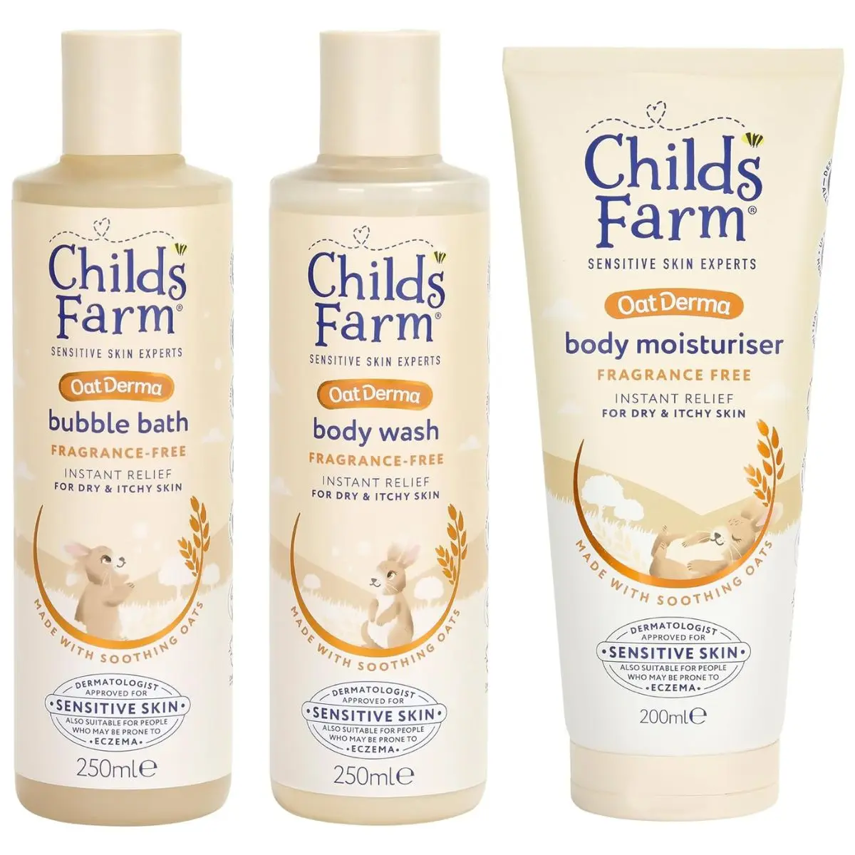 Childs Farm OatDerma Regime Bundle | Baby Bubble Bath (250ml), Body Wash (250ml) and Body Moisturiser (200ml) | Suitable for Newborns, Kids and Adults with Sensitive, Dry, Itchy & Eczema-Prone Skin