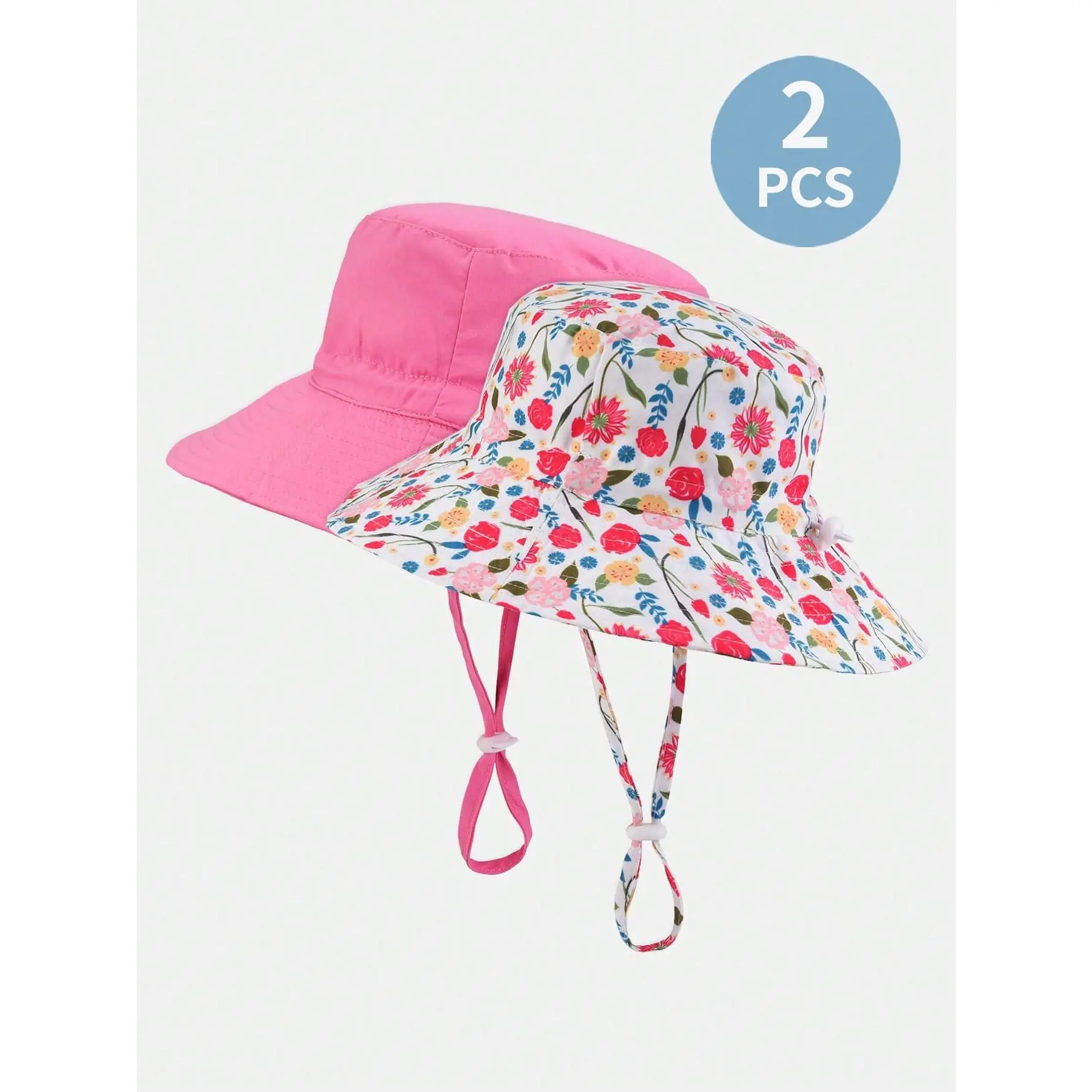 2pcs Kids Adjustable Sun Protection Breathable Daily Leisure Bucket Hat In Deep Pink And Rose Print, Suitable For Outdoor Activities And Daily Wear