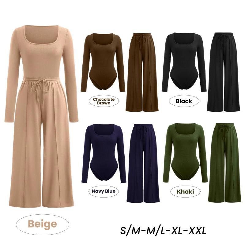 Product Introduction of WOMENS LADIES 2 PIECE MATCHING SET CREW NECK BODYSUITS WIDE LEG TROUSERS PANTS PALAZZO SET LOUNGEWEAR LONGSLEEVES STRETCHY SOFT COMFY LADY ELASTICATED WAIST DRAWSTRING HIGH QUALITY COORD LOUNGESET COMFORT WOMENSWEAR OVERALL Basic Adjustable Comfortable 2