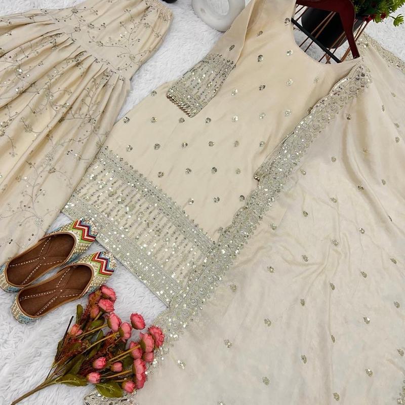 Pre order Off white sharara suit. Indian designer punjabi suit. Beautiful Wear Salwar Suit With Dupatta Readymade Stylish Sharara Set, Diwali Gift for Her 3