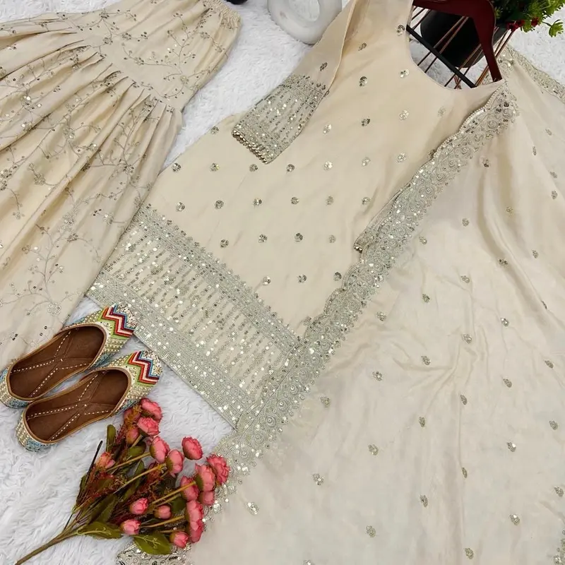 Pre order Off white sharara suit. Indian designer punjabi suit. Beautiful Wear Salwar Suit With Dupatta Readymade Stylish Sharara Set, Diwali Gift for Her 3