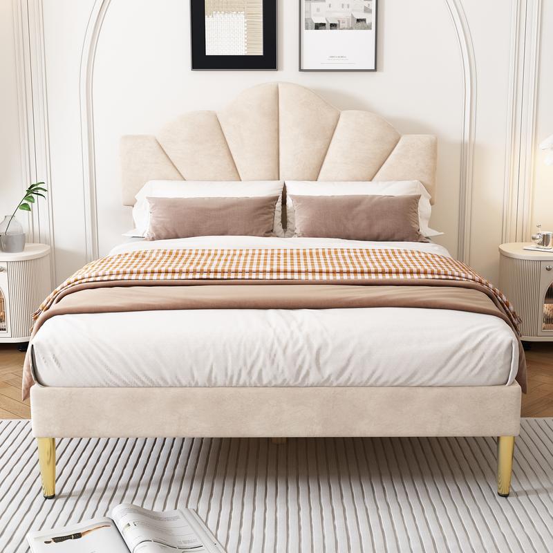 Luxury Uk New King Size Bed-5ft(150*200cm)TV Double Velvet upholstered bed shell-like bed with golden iron legs, height-adjustable headboard, wooden slatted frame, Beige california king 5