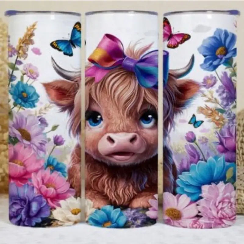 Highland Cow Rainbow Bow Metal Tumbler Stainless steel/ Metal Straw 0