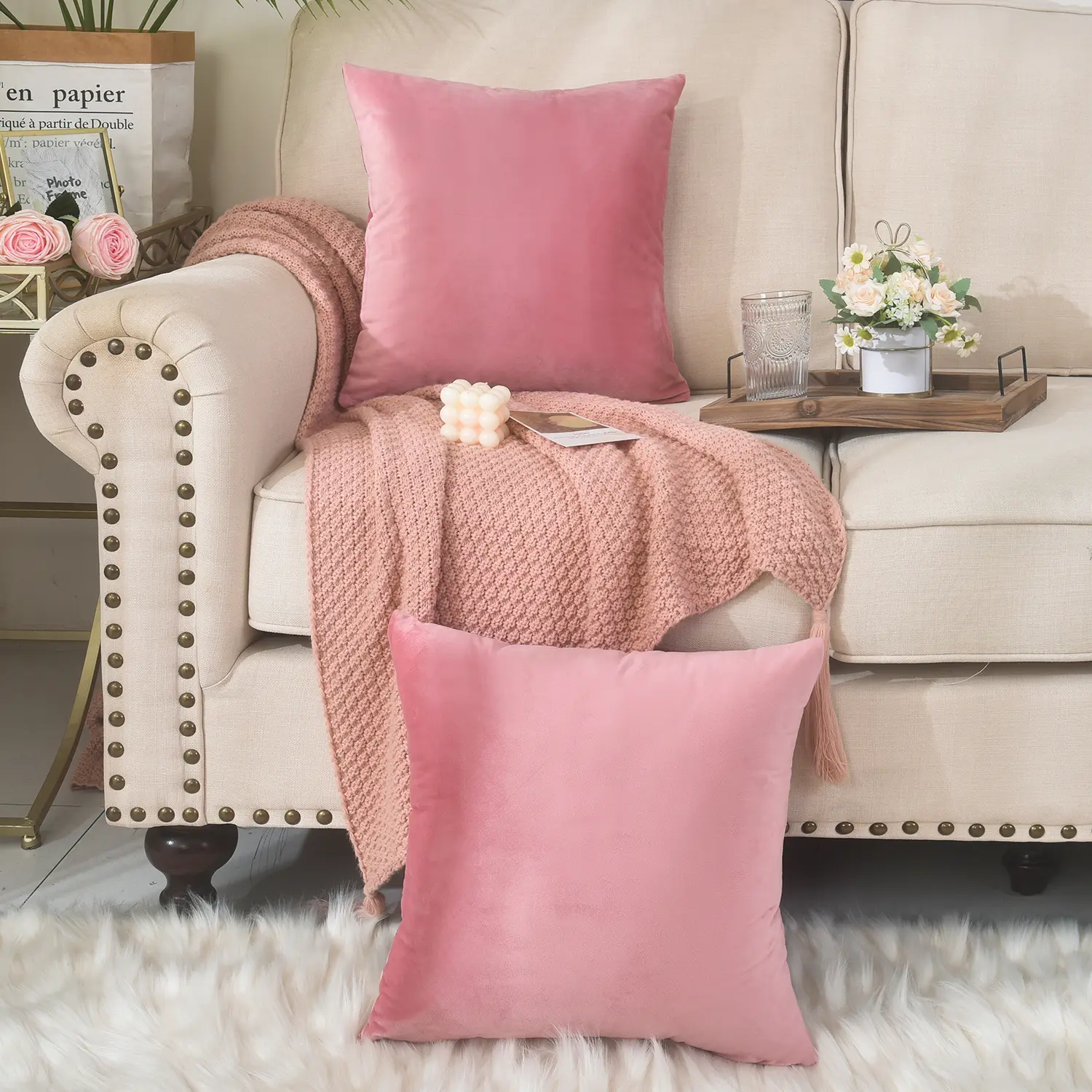 CHARKHAH London Velvet Cushion Covers - 43x43 cm - Fits 45x45 cm Inserts - Invisible Zipper - Ideal for Sofa & Bedroom - 16 Colors Available