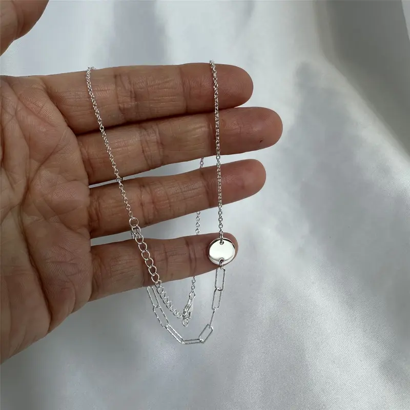 Sterling Silver Engravable Disc Long Hammered Link Necklace 4