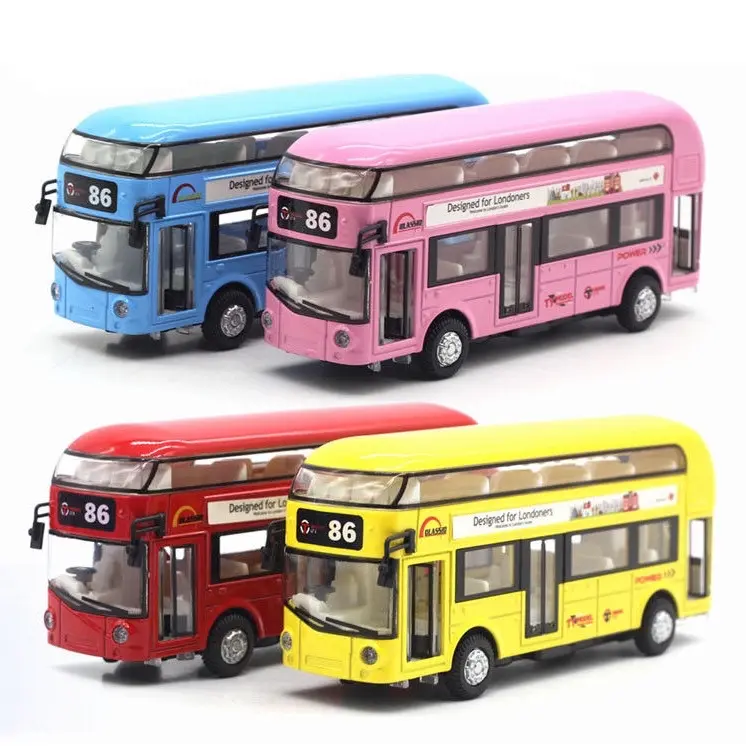 London Double-Decker Tour City Bus Sound Light Pull Back Bus Kids Toy Metal Red 1