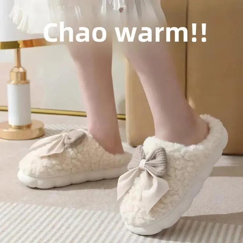 New Bow Cotton Slippers Women's Indoor Home Use Warm Thick Bottom Anti-slip Postpartum Slippers Women's Sweet Style 5