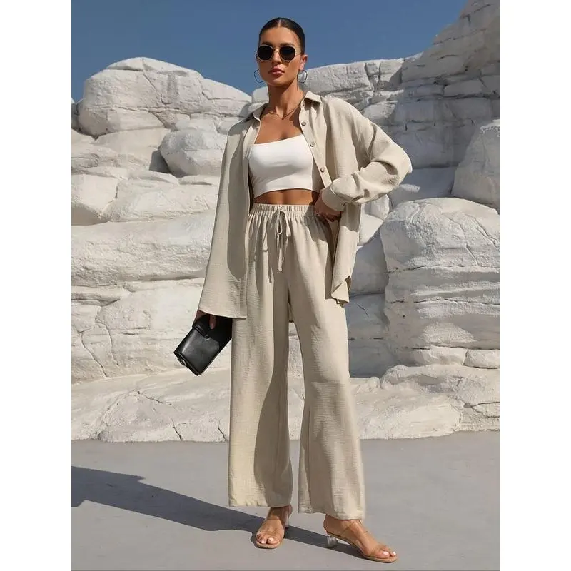 Women's Solid Button Front Shirt & Drawstring Waist Pants Two-piece Set, Elegant Fashion Casual Drop Shoulder Long Sleeve Top & High Waist Trousers Co-ords Set for Daily Outdoor Wear, Women's Clothing for Fall & Winter