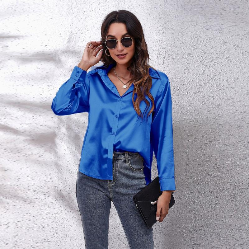 Product Introduction of Women's Satin Satin Imitation Silk Long Sleeved Shirt Elegant V-neck Retro Style Multicolor Shirt Top-Looki Ngi 3