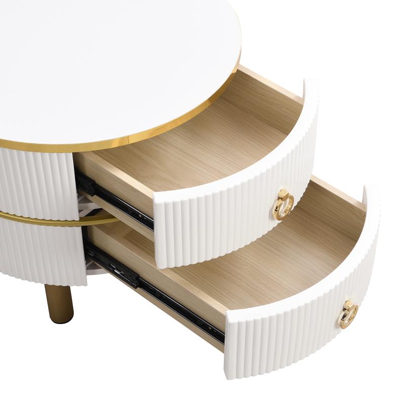 2024 High Quanlity 2-in-1 round MDF coffee table with 1 high-gloss table top and 1 side table with brown tempered glass tabletop, living room coffee table set with 2 drawers, 70*70*45 + 50*50*40 cm  Modern Furniture Coffee Table for Living Room 5