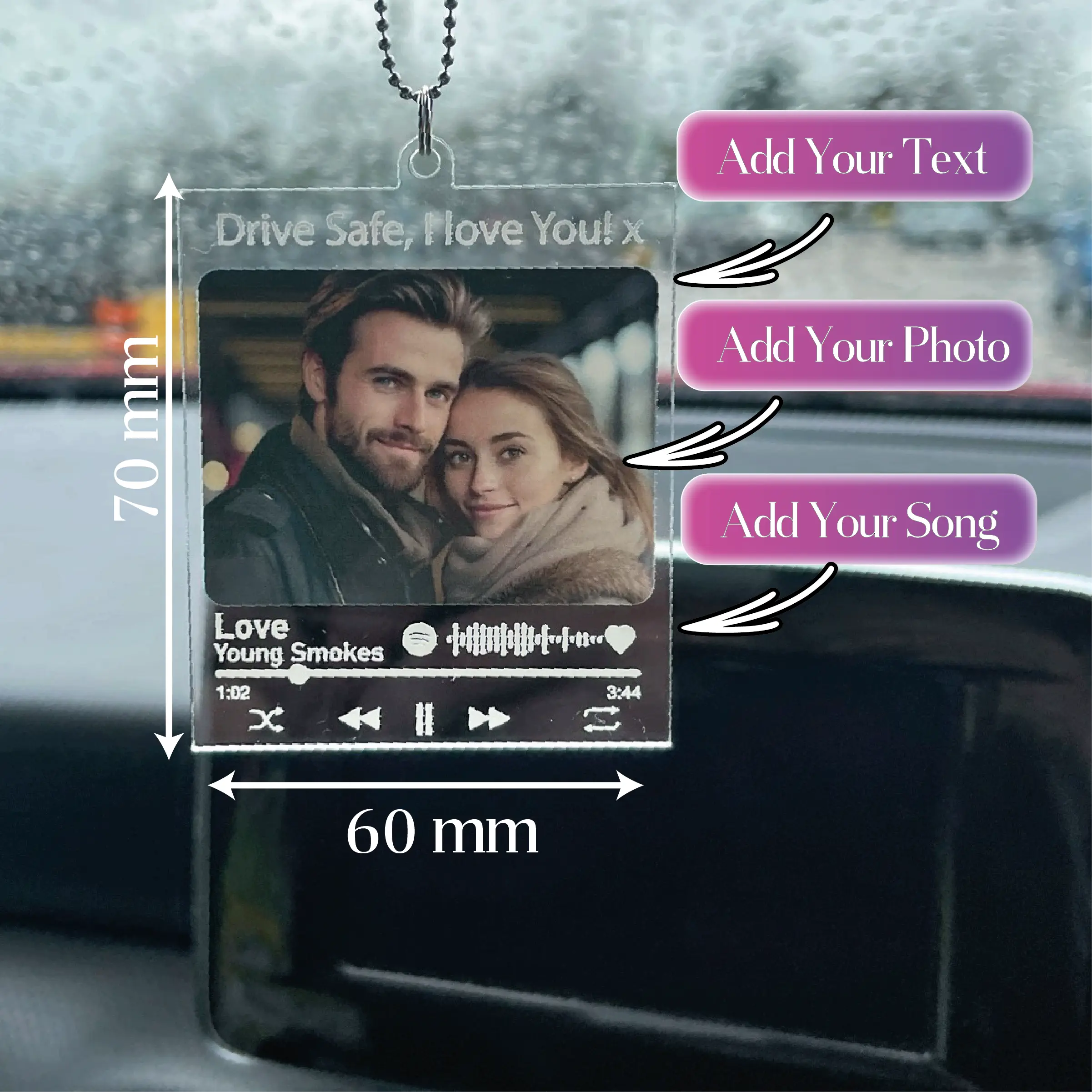 Custom Photo and song Car hanging Ornament, Personalised Photo Car charm, Acrylic Ornament, Photo keepsake, Spofity code, Boyfriend Gift
