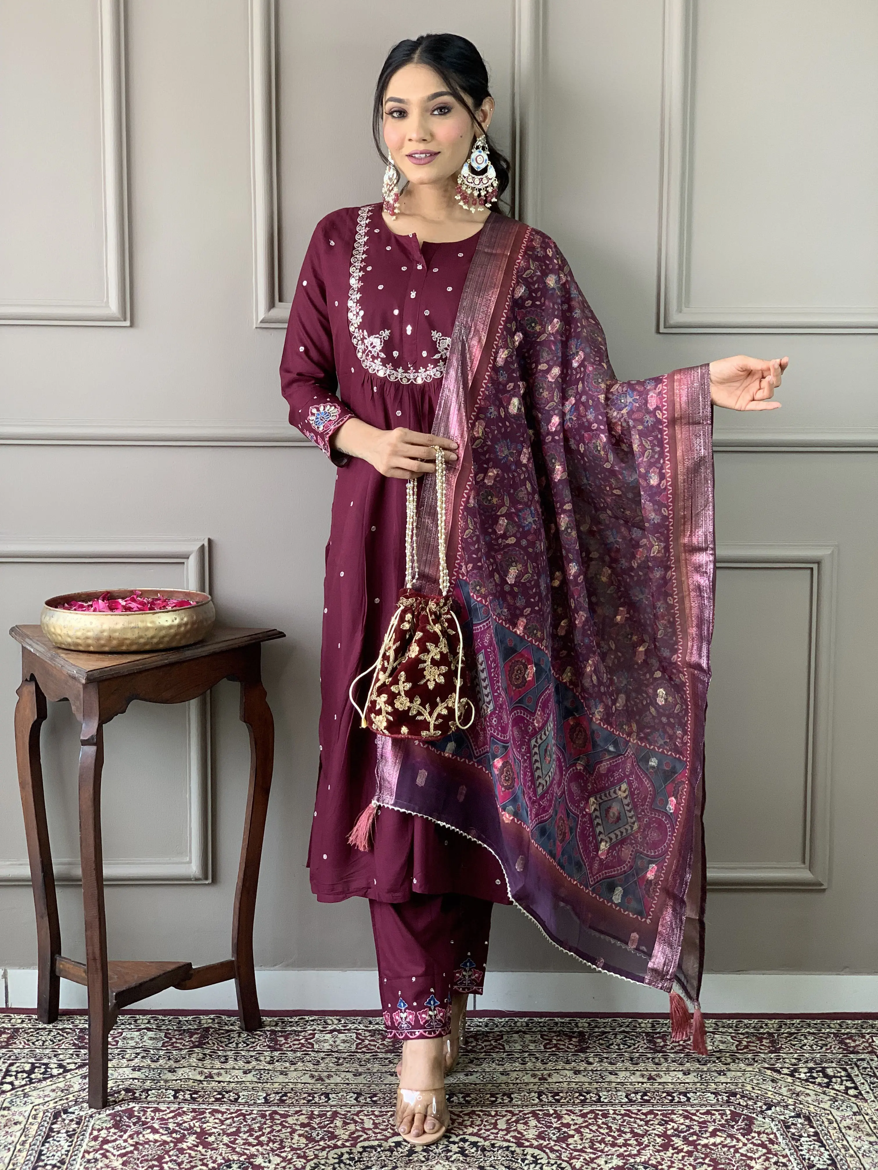Women's Pakistani style Viscos Chanderi Fabric Top, Bottom with Embroidery work and viscos jacquard Dupatta for Casual and Traditional Womenswear