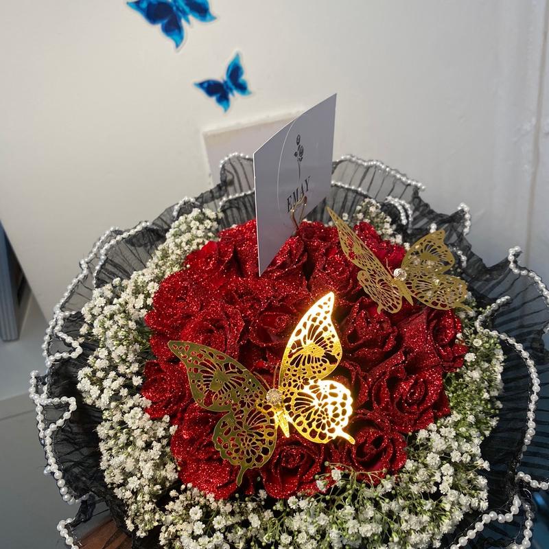 Small bouquet- red glitter roses with 2 gold butterflies gift flower 1