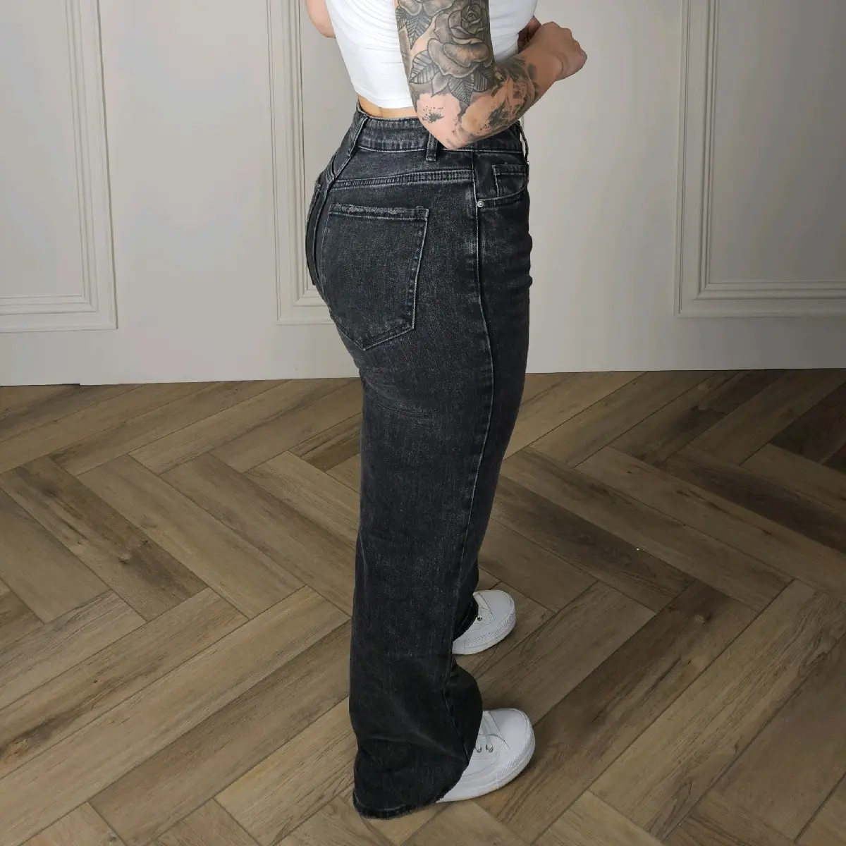 FARRAH - (30.5 INCH INSIDE LEG) Washed Black Straight Leg Jeans  Stretch Denim Fabric womens Cotton Womenswear