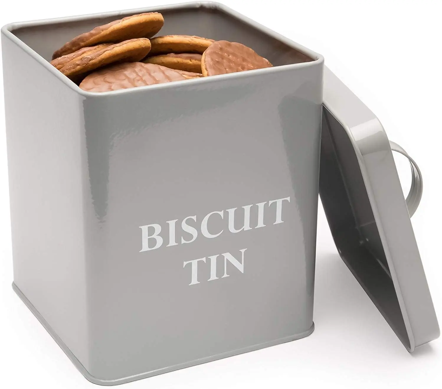 Biscuit and Cookie Tin Vintage Style Metal Storage Box with Lid & Handle Rust Resistant Powder Coated Iron | 15.5 x 15.5 x 18cm (Grey) Kitchen Utensils Container Airtight