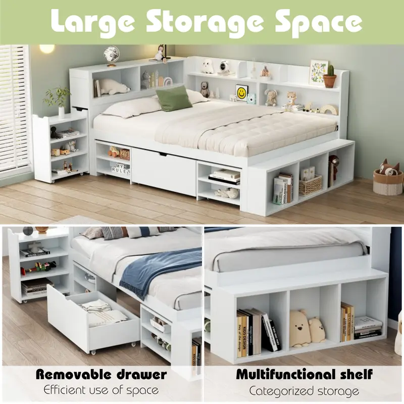 Children's bed, Single Bed-3ft(90*190cm), single bed, multifunctional children's bed with drawers, bookcase and storage cupboard, large storage space, slatted frame, without mattress, white 3