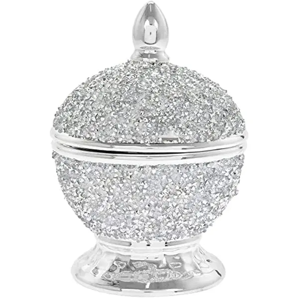 DEENZ Silver Sparkle Diamante Ceramic Jar Polished Round Trinket