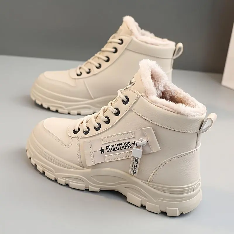 Women's Casual High Top Shoes, Winter Plush Lined Warm Shoes, Thick Soled Lace-up Sports Shoes plus size