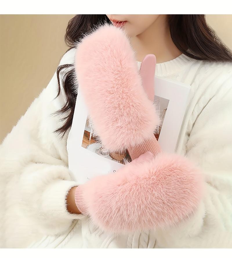 Product Introduction of Women'S Winter Thermal Knitted Mittens - Cozy Polyester Fur-Lined Gloves for Outdoor Use, Non-Stretch Warm Gloves for Cycling, Hand Washable 5