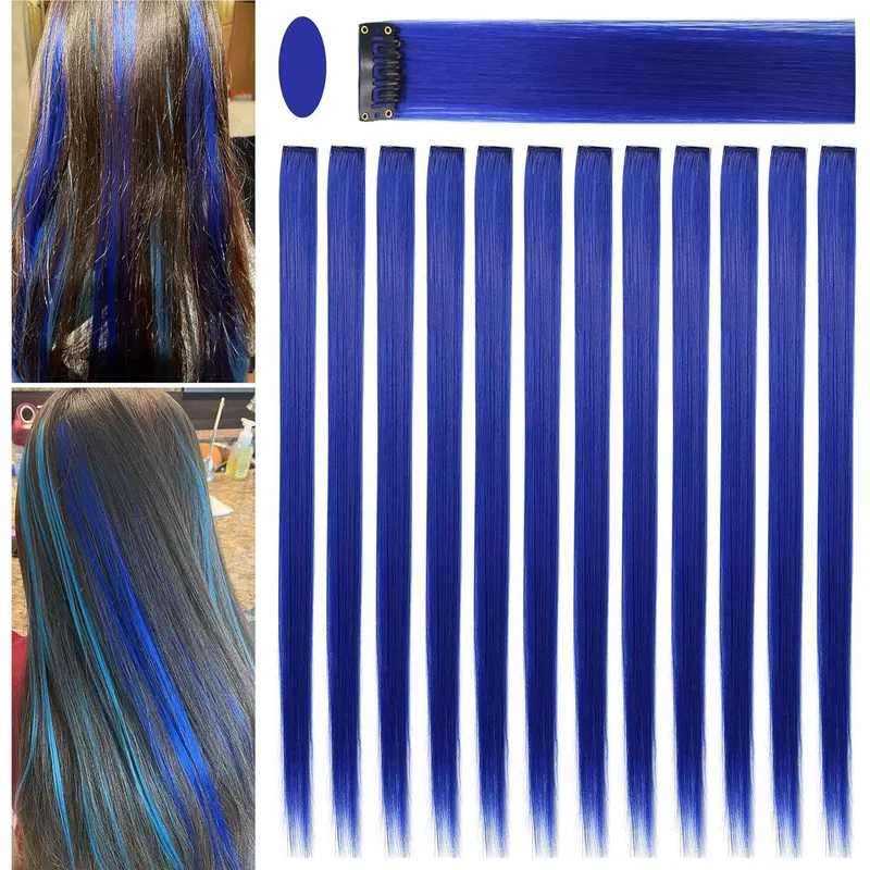 12Pcs Blue Hair Extensions Clip in Girls,21 Inch Heat-Resistant Synthetic Straight Blue Hair Accessories for Women Girls Gift Party Highlights Blue Hairpiece (Blue) 7