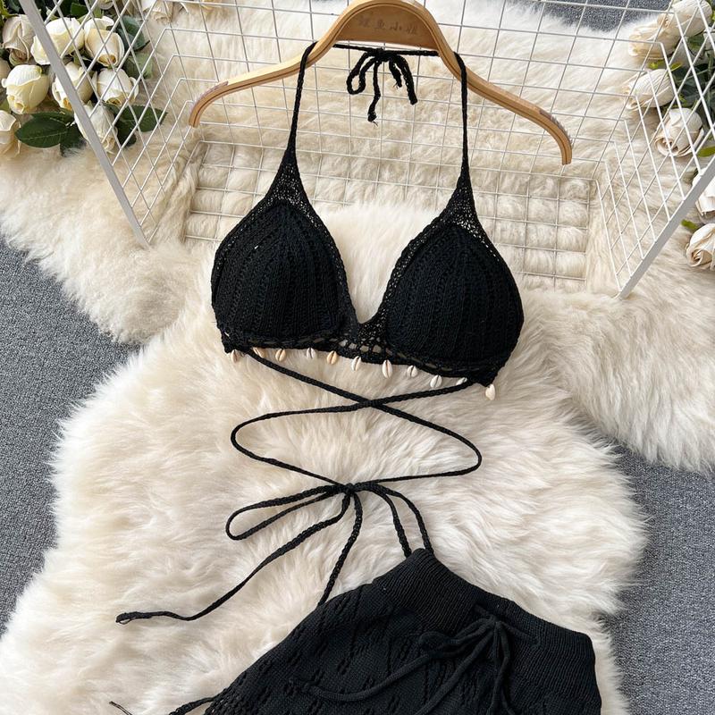 Product Introduction of SINGREINY Women Summer Knitted Set Halter Short Tops+ Hollow Wide Leg Long Pants Sets Shell Beach Sexy Backless Two Piece Suits 28
