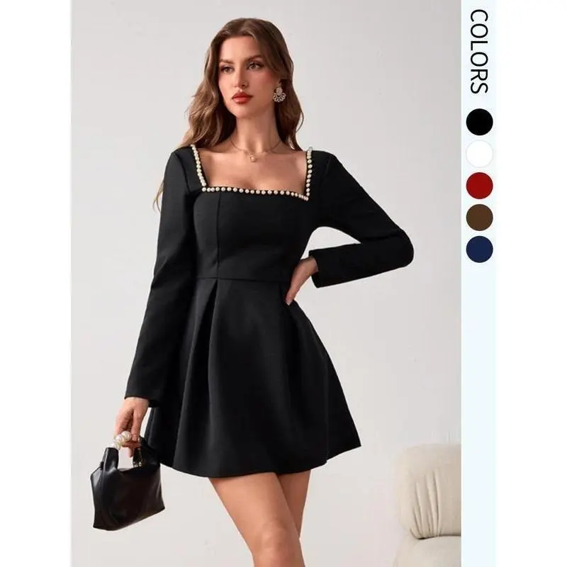【2025】Women's Faux Pearl Decor Backless A Line Dress, Elegant Long Sleeve Square Neck Short Dress for Party Holiday Wedding Guest, Ladies Spring & Fall Clothes, Elite Dress Designs