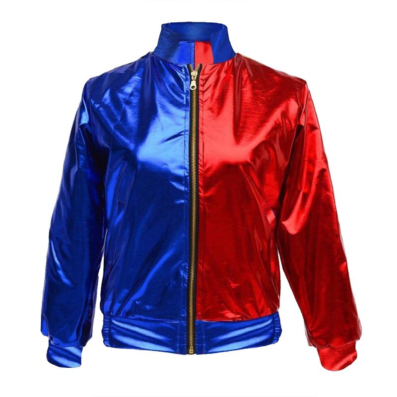 Women's Harley Quinn Bomber Jacket - Leggings - Shorts Red Blue Shiny Cosplay Zip Up - Halloween Costume - Plus Size - Long Sleeve, Womenswear 3