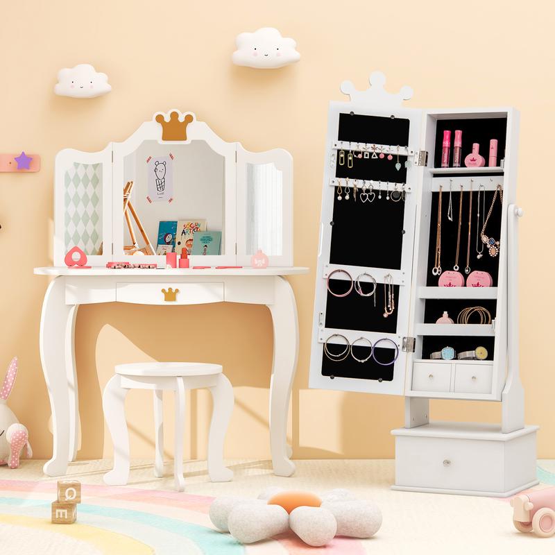 COSTWAY Kids Jewelry Cabinet Armoire with Full Length Mirror and 3 Storage Drawers 7