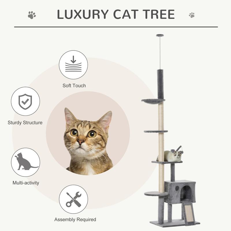 PawHut 270cm Floor To Ceiling Cat Tree Cat House Scratching Post for Indoor Cats Hammock Hanging Ball Activity Center Grey 3