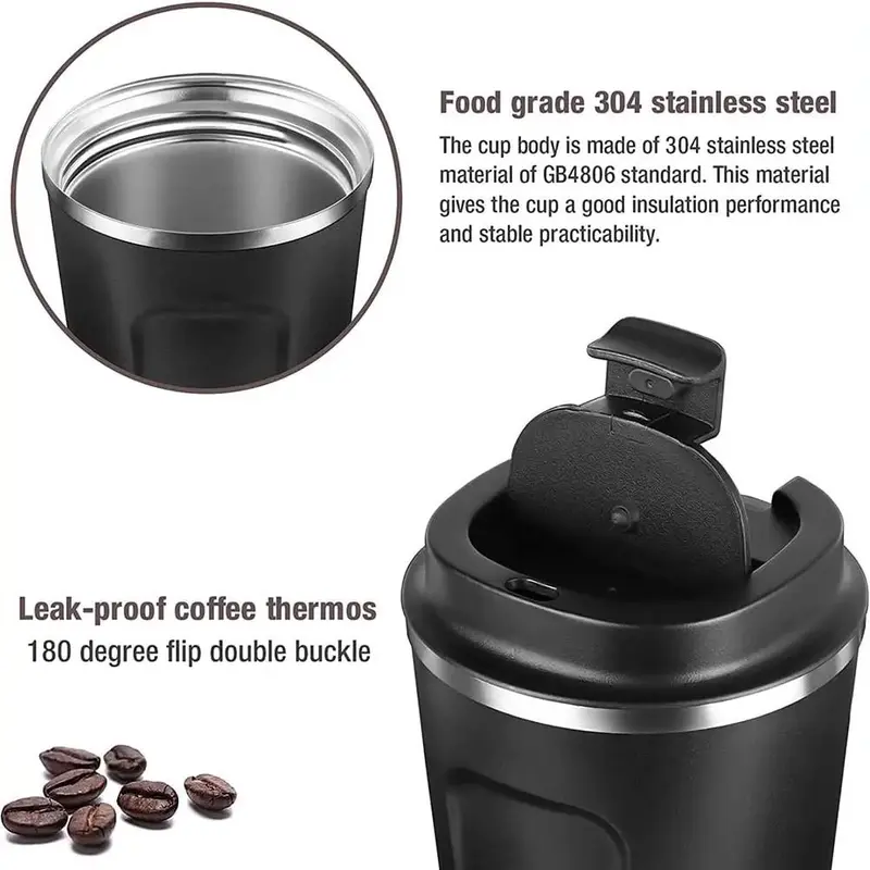 Travel Mugs, Insulated Coffee Cup with Leakproof Lid - Reusable Coffee Cups Travel - Car Coffee Cup - Stainless Steel Thermal Mug for Hot and Cold Coffee Water and Tea.510ml (Black) Flasks Tumbler Insulation Drinkware 2