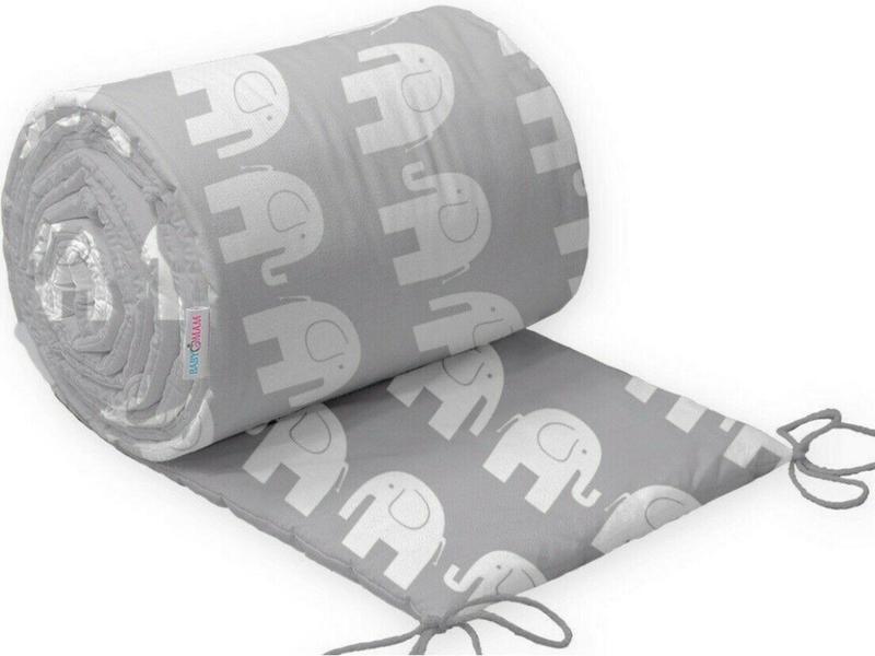 Padded Bumper To Fit Baby Cot Bed All-Round Cotton 420cm Elephants Grey 0