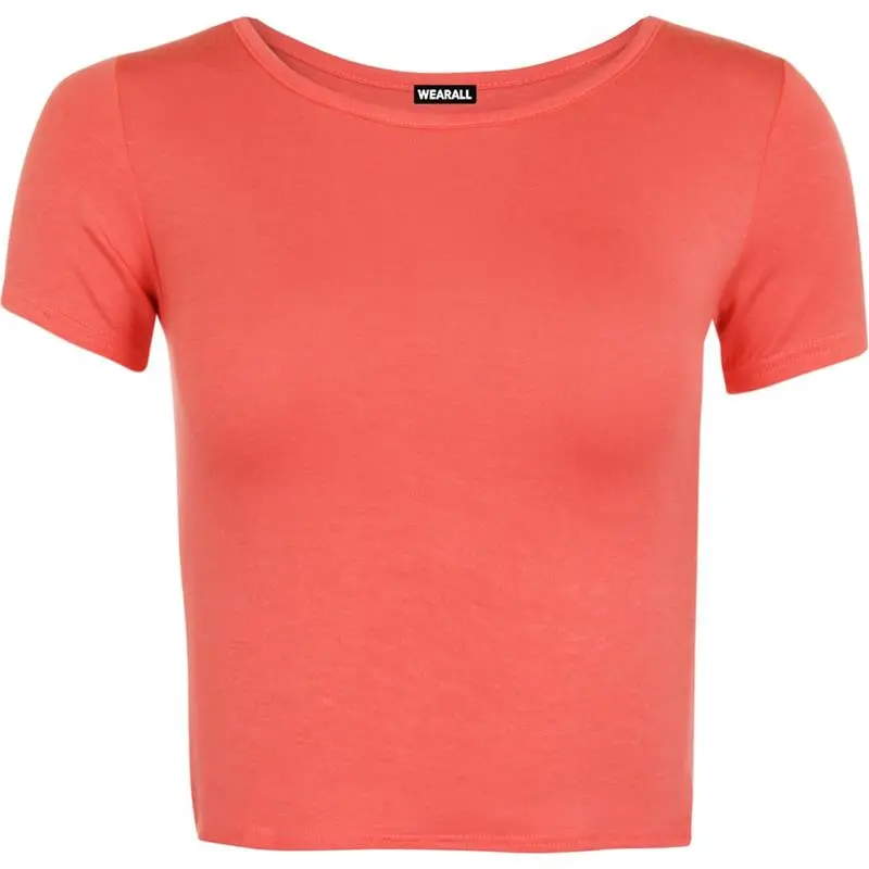 Womens Plain Crop Short Sleeve Top Round Neck Stretch Ladies Bra Vest - Sizes 8-14