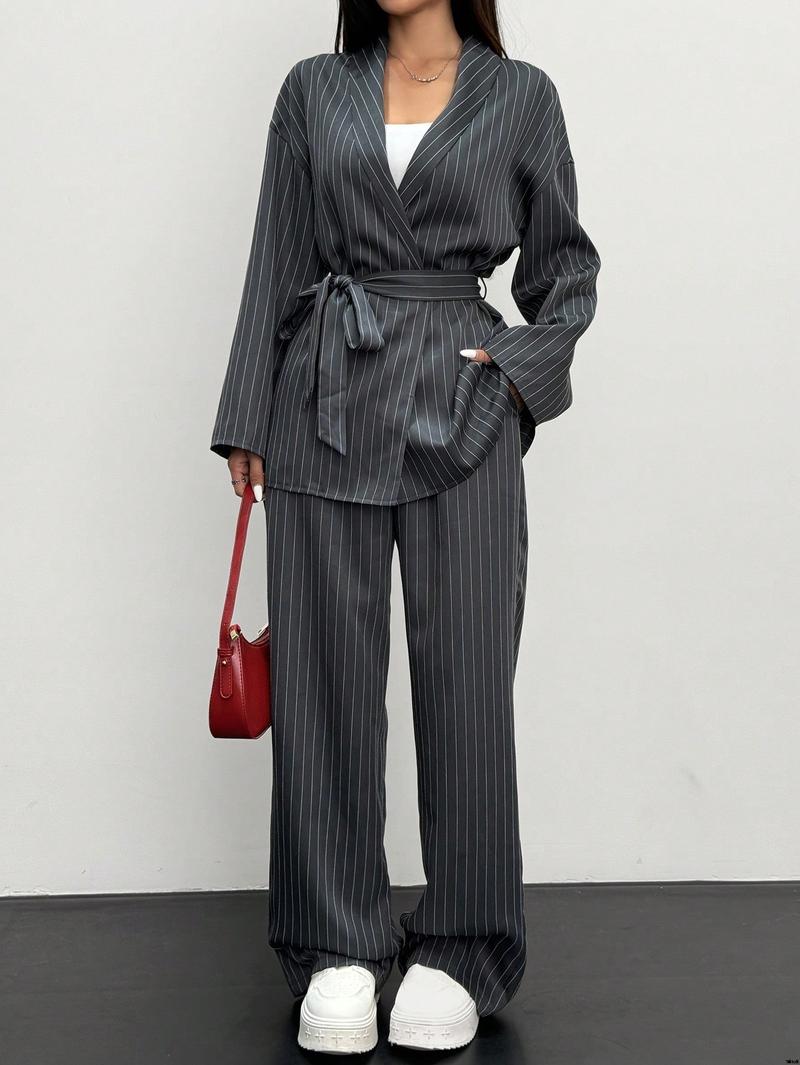 Product Introduction of Suit Commuting Fashion Office Gray , Suit Jacket Suit Kimono Casual Elegant Wrap Striped Women's Set 2 Essnce tiktok 4