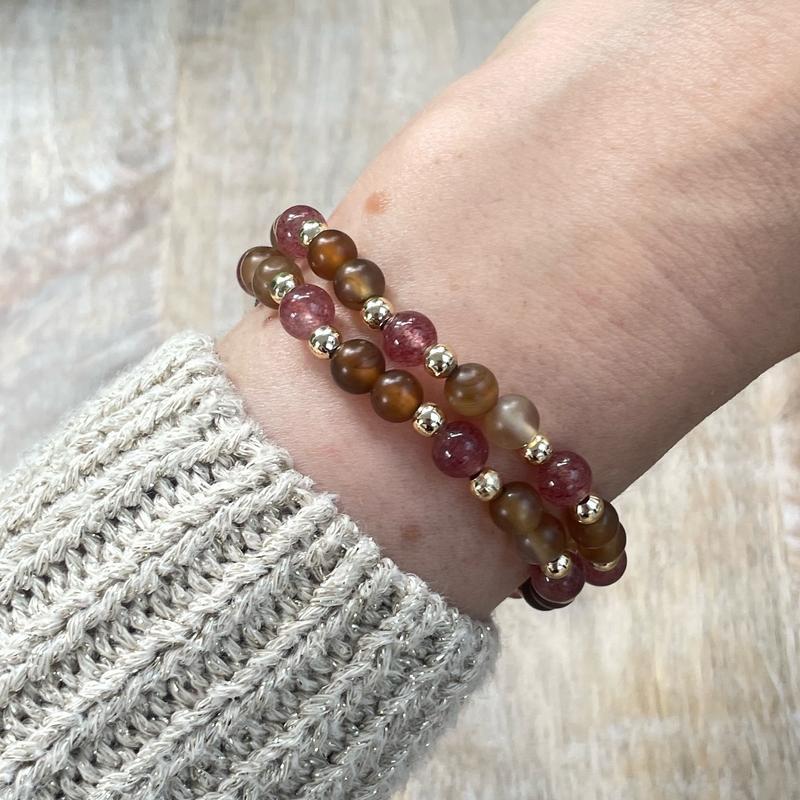 7IN - Strawberry Quartz & Frosted Agate -Natural Crystal Gemstone - Elasticated Beaded Bracelet - ABUNDANCE - Crystal Healing Benefits / Love / Grounding / Calming / 0