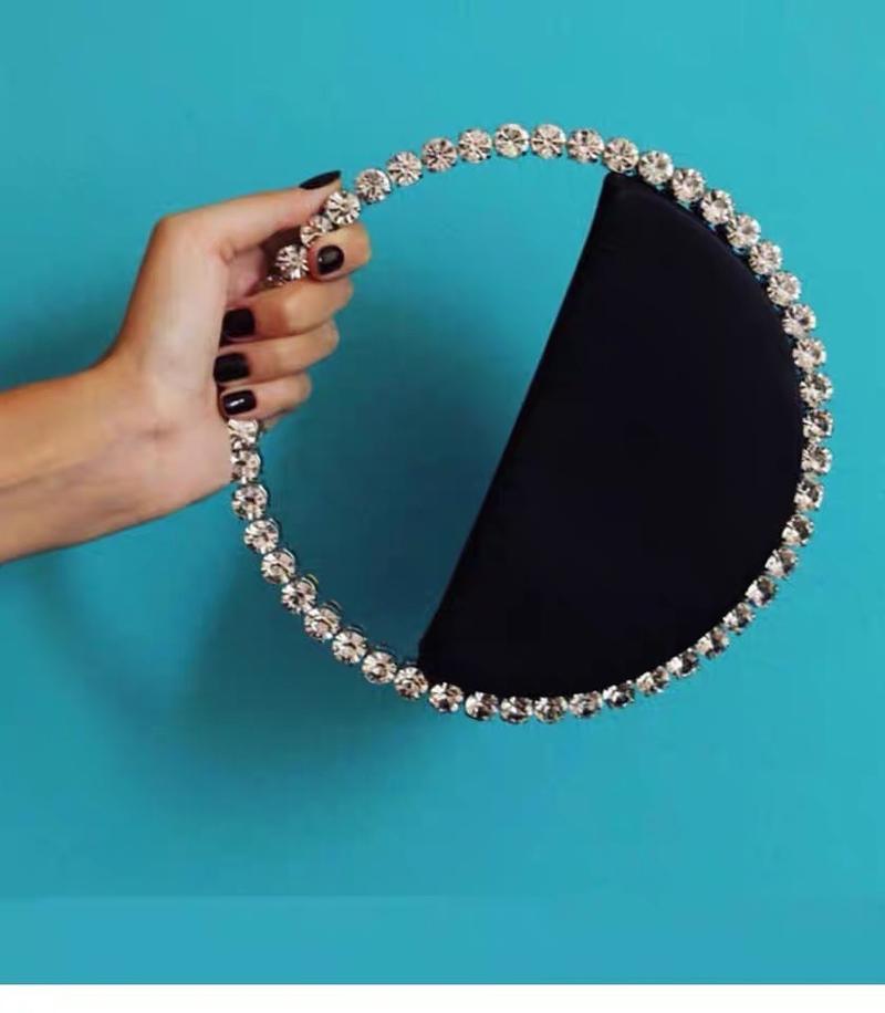 Product Introduction of New Arrival Trendy Women Chic Round Satin Crossbody Hand Bag with Round Bling Crystal Handle Evening Party Bag Purse 15
