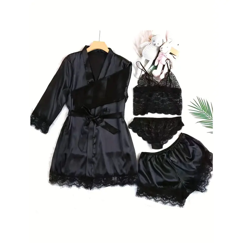 Elegant Satin Breasted Set With Lace Contrast, Three-Quarter Sleeve Gown With Belt And Camisole Bra And Trousers And Elastic Shorts, Home Wear For Women Womenswear Lingerie 1