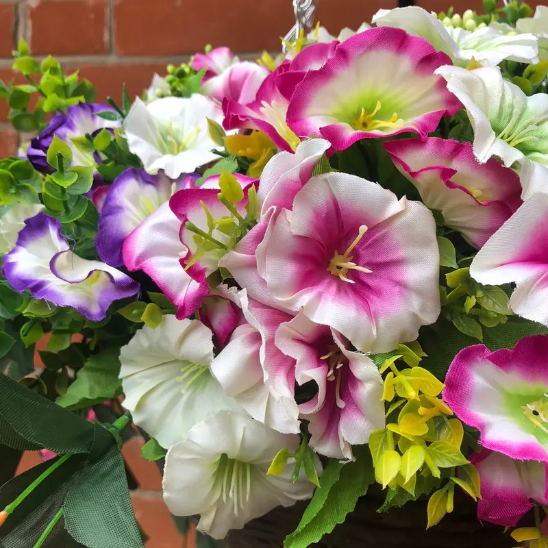 Large Handmade Morning Glory Petunia Trailing Flowers in Hanging Basket with Foliage Berries - 12 Inch Basket - Decorative, Decor Decoration Plants Nature 4