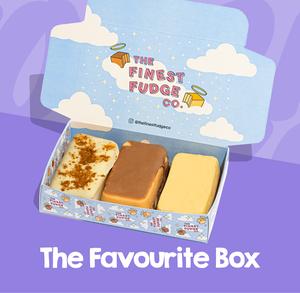 The Finest Fudge Co's Favourite Box, contains Bi-scoff, Marz & Malt and Millionaires