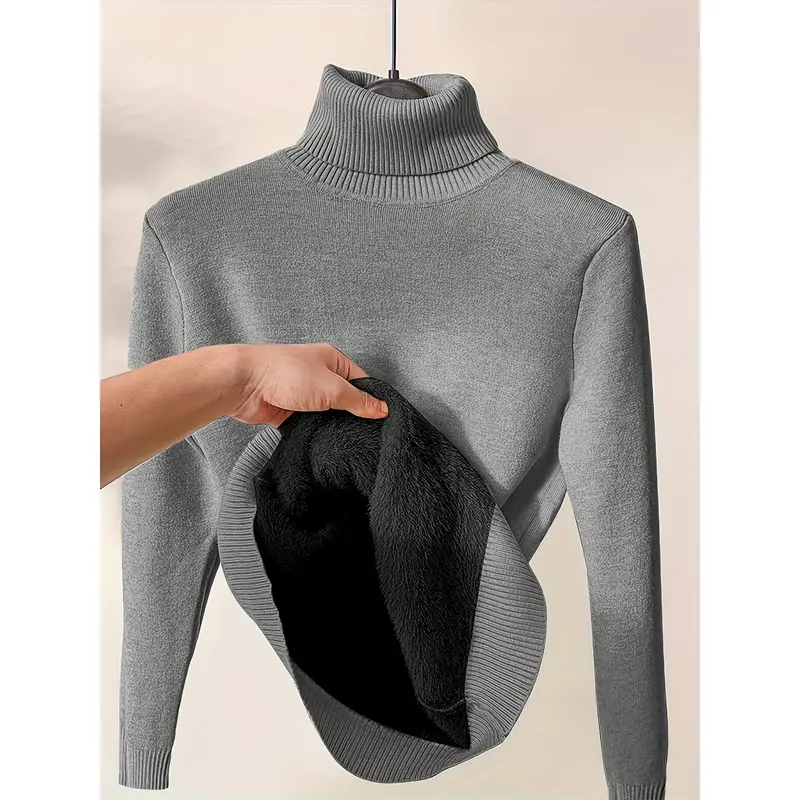 Solid Turtle Neck Pullover Sweater, Casual Long Sleeve Thermal Sweater For Fall & Winter, Women's Clothing 4