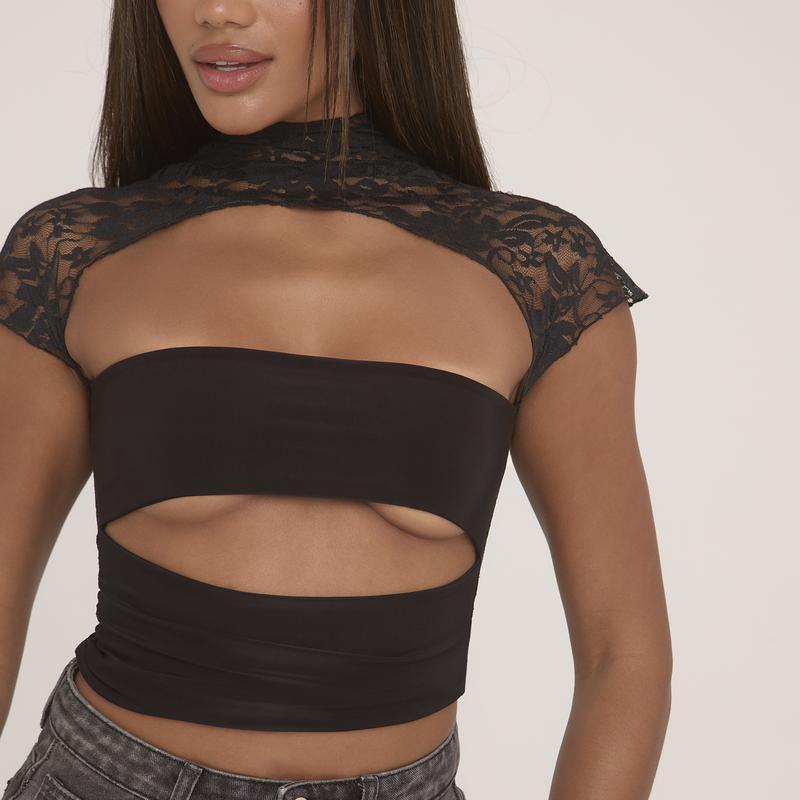 Lace Insert High Neck Short Sleeve Slashed Underbust Top 2