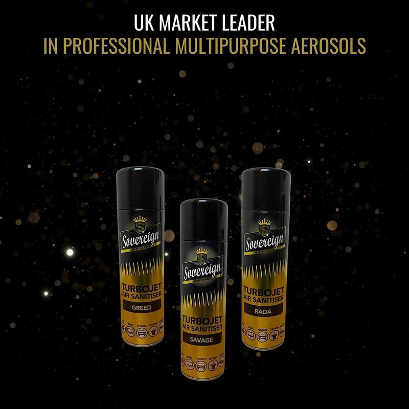 Sovereign Aerosols 3 x Sovereign Designer Fragrances Savage Greed RADA Car Home Office Gym Turbojet Air Sanitiser Freshener Blast Spray Cans 500ml Bundle Scented Scent Perfume Aroma 1