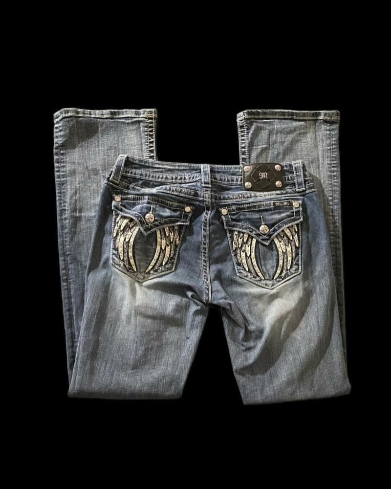 Product Introduction of Y2K Fashion Retro Punk Llow Waist Bootcut Jeans Women Harajuku Wings Graphic Embroidered Pocket Pants Gothic Blue Denim Trousers Womenswear Bottom Streetwear Comfort 7