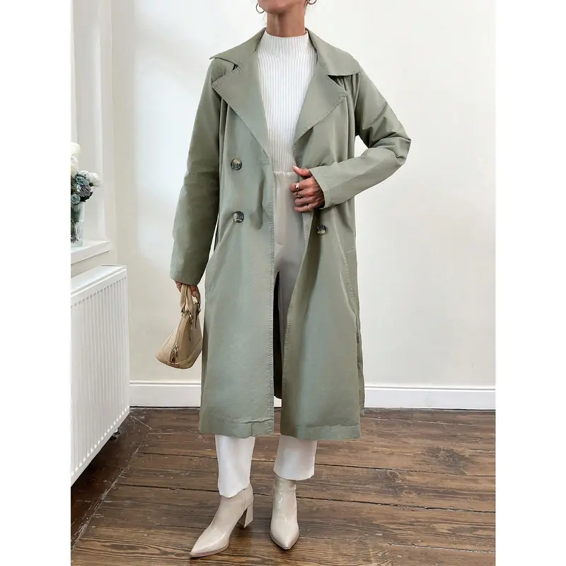 ​ Women's TopsLapel Neck Double Breasted Belted Trench Coat[S30] Womenswear Jackets Tops Outerwear Comfort Fitted Basic Green Long Sleeve Minimalist coat women springspring coats cozy coats womens coats tops for women plain simple jackets & coats princess 5