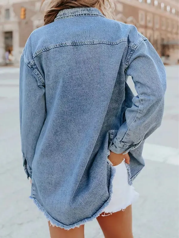 Women’s Oversized Button Up Frayed Hem Shacket Long Sleeve Pockets Denim Jean Jacket Womenswear Coats Comfort Casual Outerwear Fitted 2