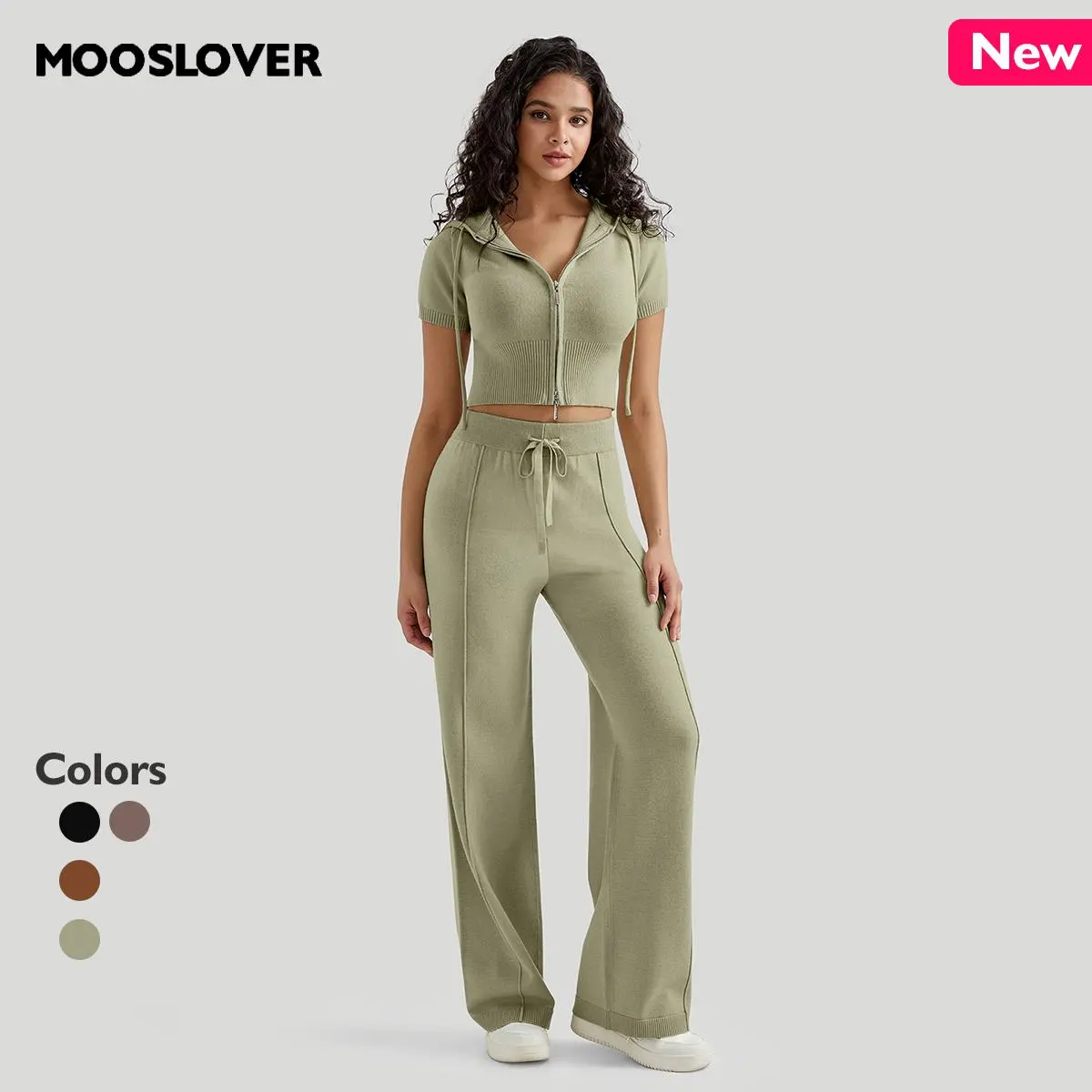 Mooslover UK Women’s Sweater-Knit Two Way Zipper Hoodie Crop Top and Wide-Leg Drawstring Lounge Pants Clothing Fabric Comfort Suits Womenswear Casual Shortsleeve