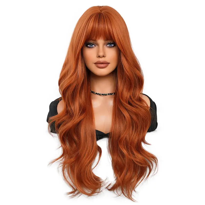 Orange Synthetic Wig Fashion Women Natural Air Bangs Big Waves Long Curly Hair Daily Party Use Full Head Cover 5