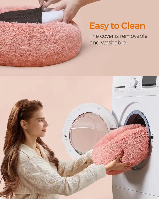 Dog Bed, Donut Cat Bed, Fluffy Calming Pet Bed with Removable, Washable Cover, Soft Long Plush, 50 cm, Pink PGW037R01 5