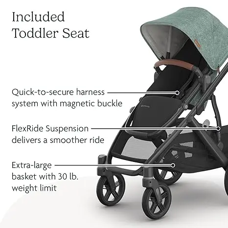 Full-Size Single-to-Double Stroller System - Toddler Seat, Bug Shield, Rain Shield, and Storage Bag Included - Gwen (Green Mélange/Carbon Frame/Saddle Leather) 3